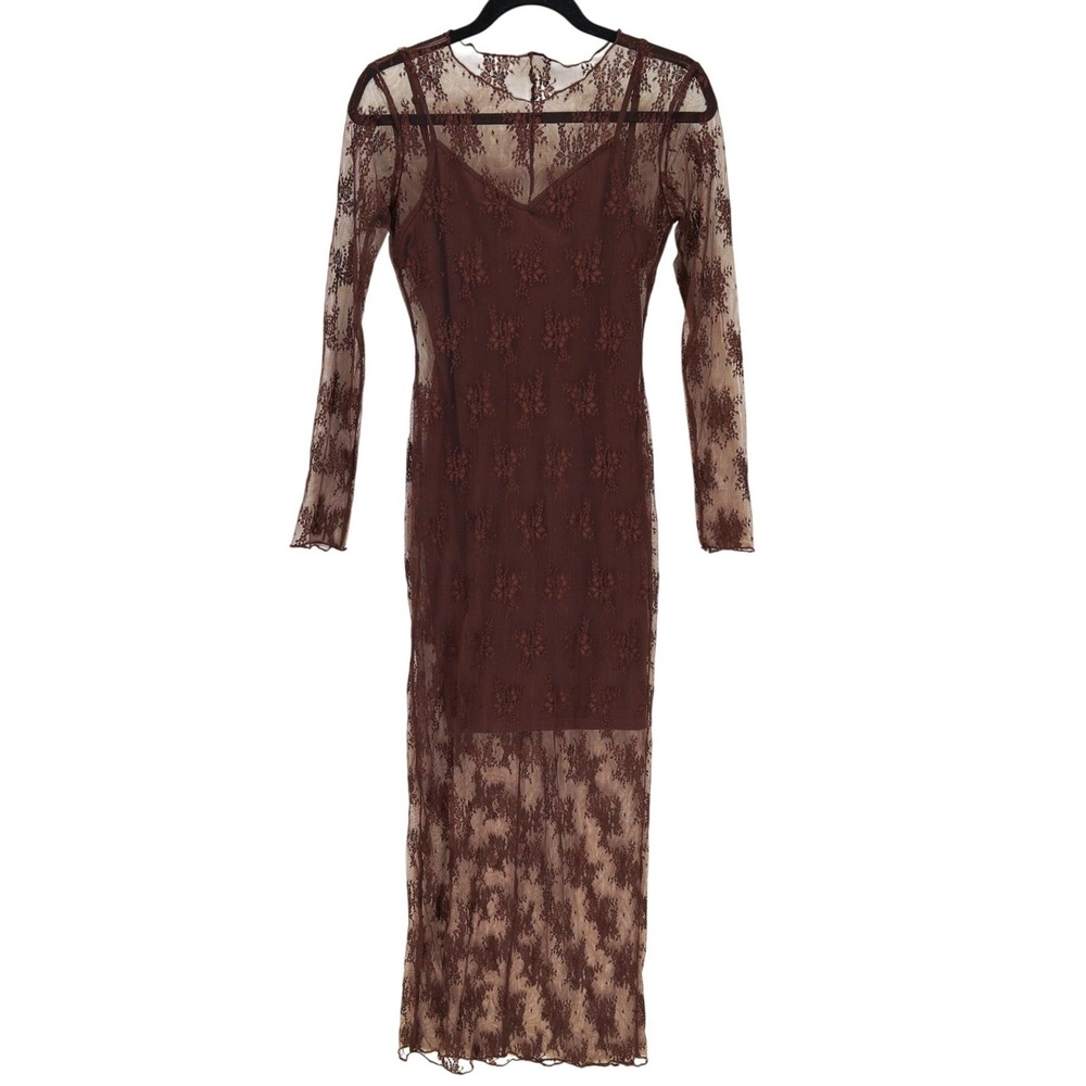 NWT No Comment Brown Long Sleeve Floral Lace Overlay V-Neck Bodycon Maxi Dress M